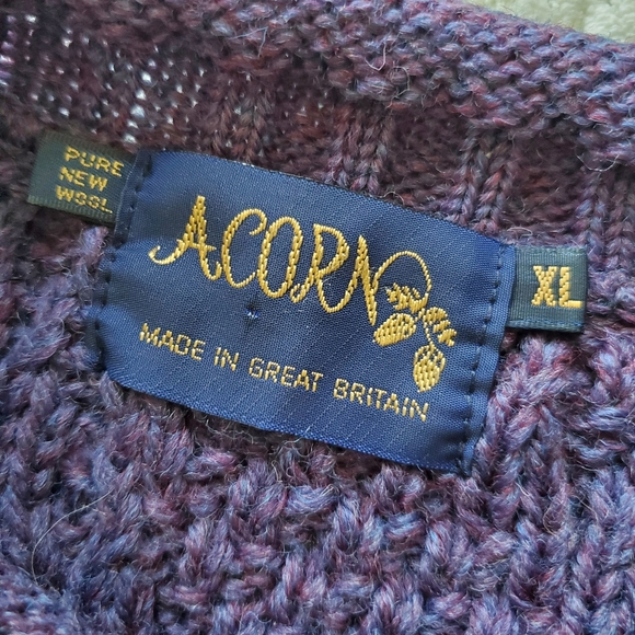 Vintage Acorn Chunky Aran Knit Purple Wool Thistle Fisherman Sweater - Picture 12 of 16